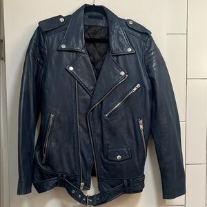 Women indigo cropped Leather Biker moto  Jacket